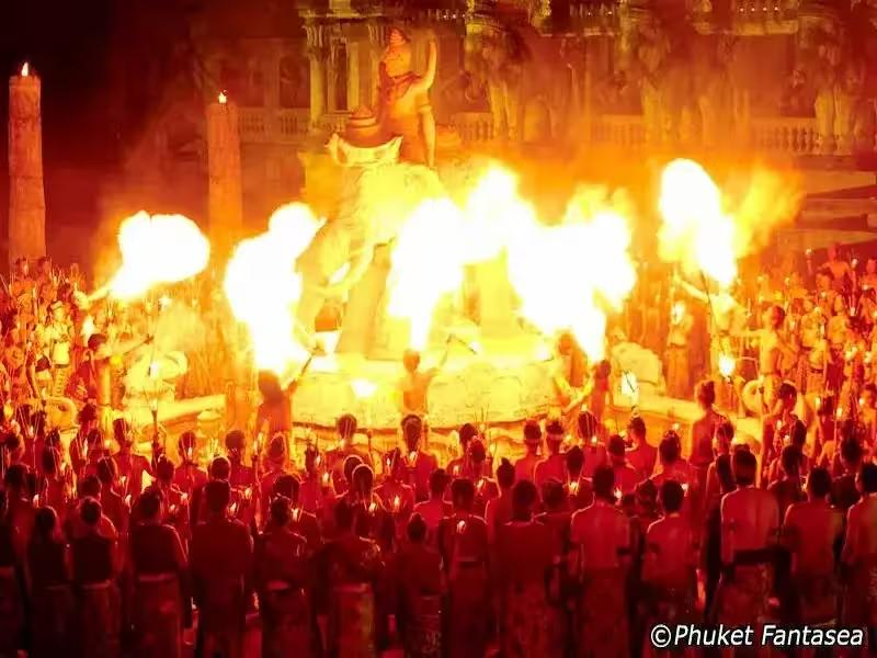 Dramatic pyrotechnics and fire effects during the Phuket FantaSea performance