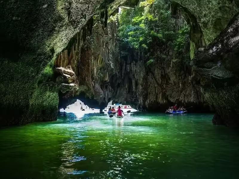 Aerial view of the stunning enclosed lagoon at Hong Island, Phang Nga Bay, on a James Bond Island tour.