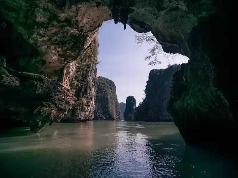 Iconic view of James Bond Island (Koh Tapu) in Phang Nga Bay from the escort boat